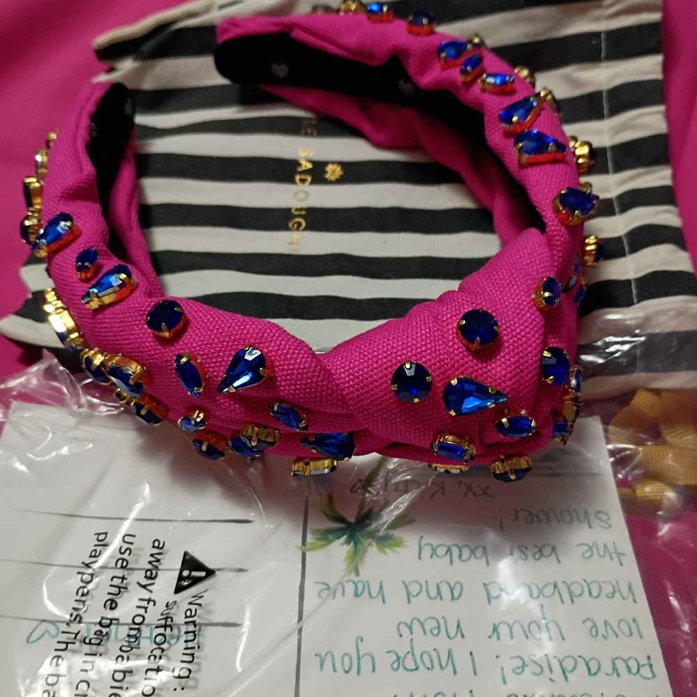Lele Sadoughi Pink Headband with Blue Embellishments